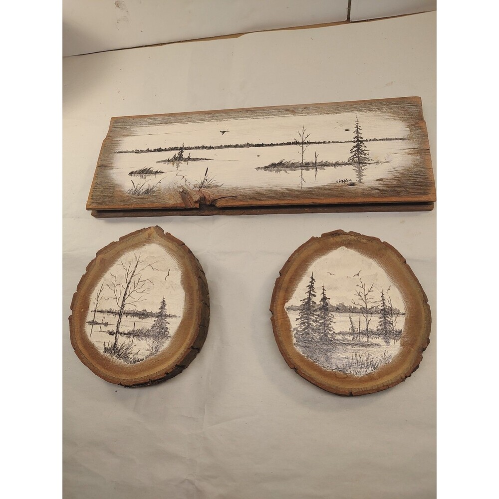Vtg 3 p Set Hand Painted Wood Slab Wilderness Lake Painting Tree Slice Wall Art